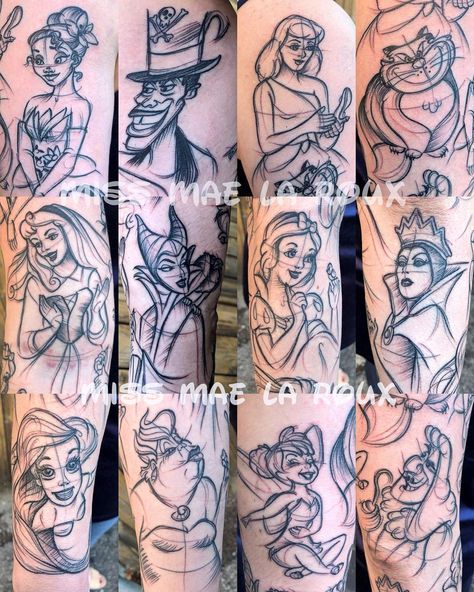 I know y’all sick of seeing my Nashville spam, so here’s a still collage of the concept sketch sleeve I did in Kansas City earlier this… Disney Tattoos Black And White, Disney Villain Tattoo Sleeve, Disney Tattoos Sleeve, Disney Storyboard, Disney Inspired Tattoos, Disney Sleeve Tattoos, Sketches Tattoo, Horse Shoe Tattoo, Disney Sleeve