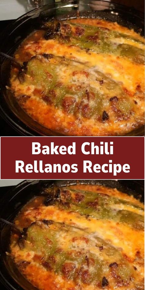 A lighter version of the traditional dish, featuring roasted poblano peppers stuffed with cheese and possibly meat, coated in a batter, and baked instead of fried. Chili Renello Recipe, Chili Rellano Recipe Easy, Oven Baked Chili Rellenos, Baked Chili Rellanos Recipe, Chili Relleno Bake, Chicken Chili Relleno Recipe, Chili Reano Recipe Chile Relleno, Stuffed Chili Relleno Recipe, Chili Bake