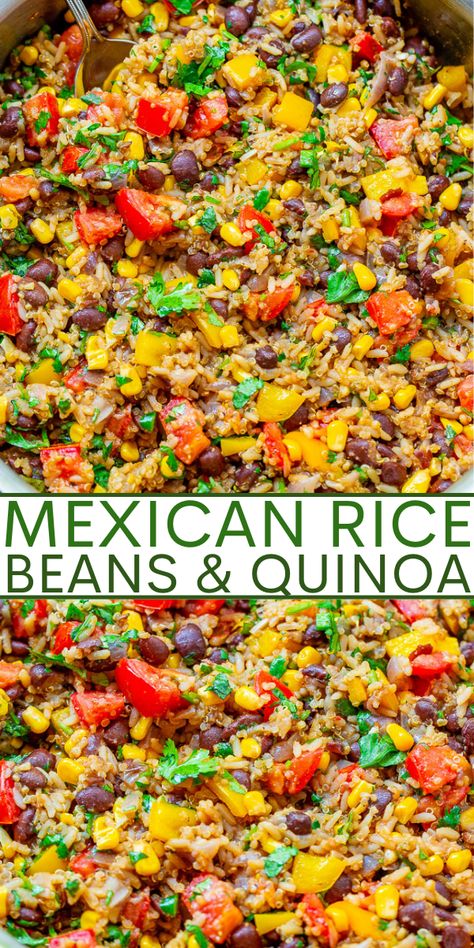 Mexican Rice, Beans, and Quinoa Medley - Averie Cooks Mexican Rice Beans, Beans And Quinoa, Lighter Meals, Rice And Quinoa, Clean Eating Salads, Averie Cooks, Rice Beans, Dry Rice, Healthy Vegetable