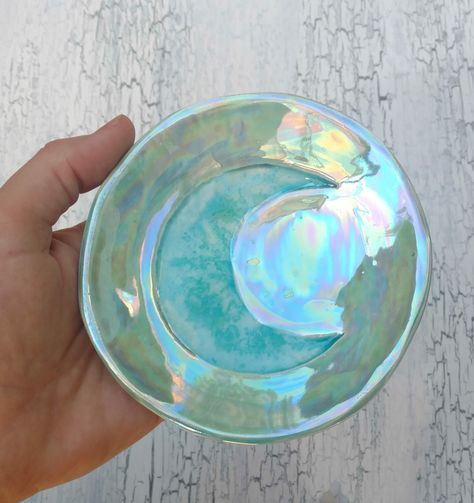 3 rainbows left in my #etsy shop: 🌈Aura #Crescentmoon #Ringdish, #rainbow glass #galaxy, #iridescent #jewelry #blue #ceramic #starscelestial #homedecor #handmadepottery http://etsy.me/2i5TxGV Unicorn Pottery, Holographic Paint, Iridescent Jewelry, Aura Rainbow, Blue Witch, Ceramic Collection, Moon Blue, Ceramic Glaze Recipes, Glaze Paint