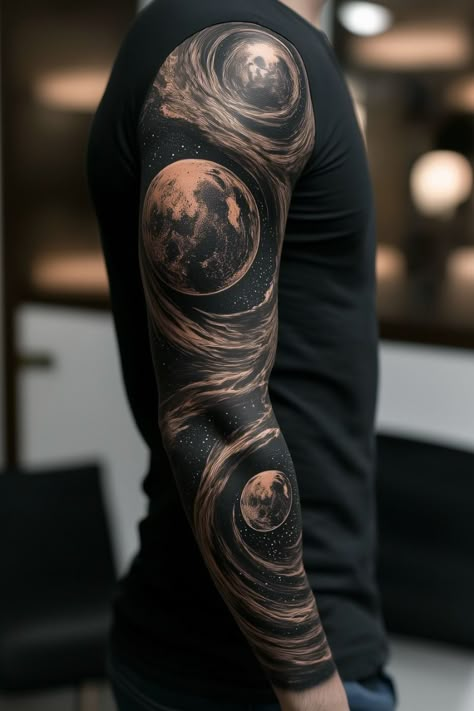 Black Holes Tattoos, Realistic Galaxy Tattoo, Ying Yang Sleeve Tattoo, Planet Sleeve Tattoo, Tattoo Ideas For Men Space, Night Stars Tattoo, Planet Tattoos Men, Space Leg Sleeve Tattoo, Hypercube Tattoo