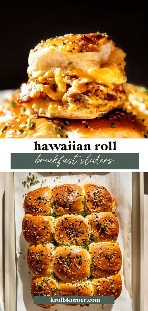 Hawaiian Roll Breakfast Sliders • Kroll's Korner Breakfast Sandwiches With Hawaiian Rolls, Brunch Sliders Hawaiian Rolls, Hawaiian Roll Breakfast Sliders, Hawaiian Roll Breakfast, Hawaiian Roll Sandwiches, Breakfast Roll, College Recipes, Breakfast Sliders, Salmon Breakfast