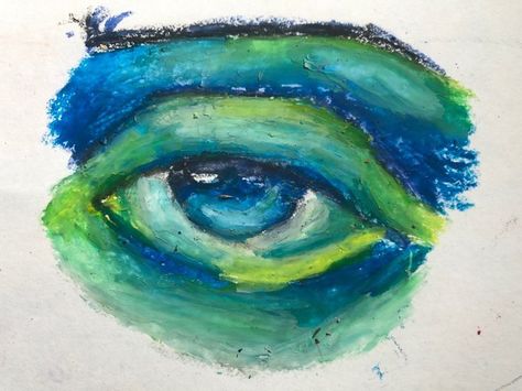 Blue And Green Drawing, Blue Oil Pastel Art, Oil Pastel Eye Drawing, Oil Pastel Art Eye, Eye Oil Pastel, Green Eyes Drawing, Blue Eye Drawing, Oil Pastel Art Ideas Inspiration, Oil Pastel Art Ideas