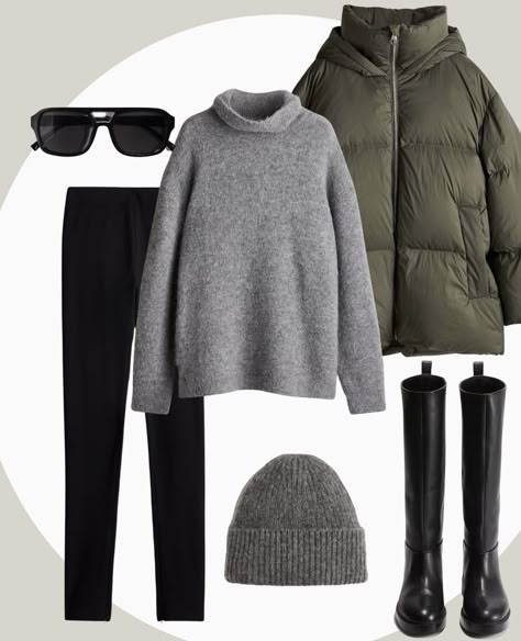 What To Wear In The Snow, Grey Turtleneck Outfit, Green Puffer Jacket Outfit, Green Jacket Outfit, Turtleneck Sweater Outfit, December Outfits, Puffer Jacket Outfit, Green Puffer Jacket, Turtleneck Outfit