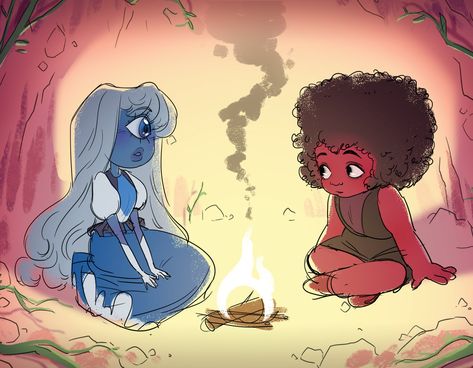 "SU print of the Ruby and Sapphire in the cave after first meeting. Prints are shipped in 2\" diameter shipping tubes. Some curling upon delivery should be expected. To straighten out again, lay flat under a medium to heavy weight (example: a few books) until print retains flat shape." Cartoon Nostalgia, Steven Uni, Steven Universe Movie, Ruby And Sapphire, Steven Universe Drawing, Steven Universe Characters, Naruto Oc Characters, Steven Universe Comic, First Meeting