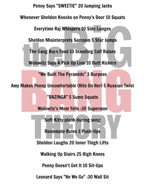 The Big Bang Theory Workout. There is a TON of BBT Workouts!! What great fun!! lol Big Bang Theory Workout, Tv Workout, Tv Show Workouts, Family Workout, Movie Workouts, Tv Workouts, Standing Calf Raise, Shape Ideas, I Need Motivation