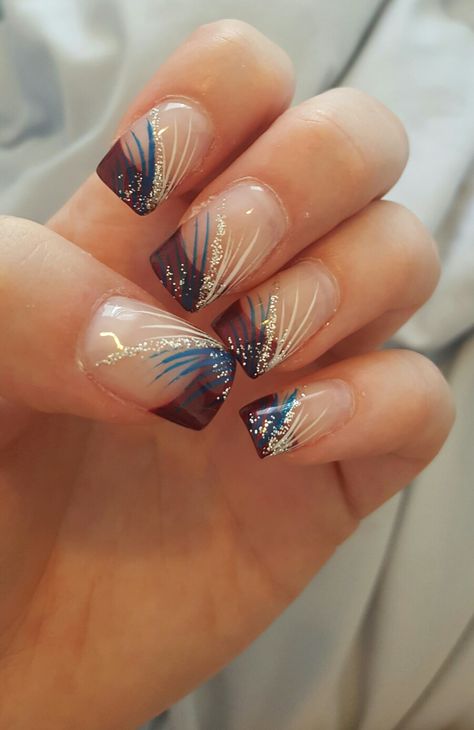 Nails For July 4th, Firework Gel Nails, Firework Nails Design 4th Of July, Firecracker Nails, Fireworks Nail Art, Bonfire Night Nails, 4th Of July Nail Designs Fireworks, Fire Work Nails, Firework Nails Design