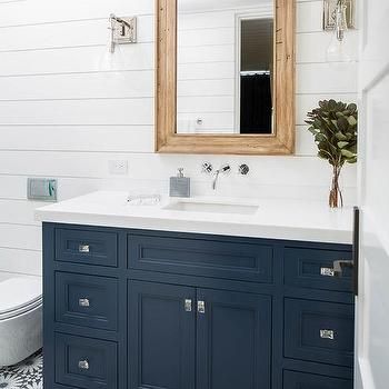 Shiplap Design Ideas - Page 41 Navy Blue Bathrooms, Blue Bathroom Vanity, Shiplap Bathroom, White Shiplap Wall, Blue Vanity, White Shiplap, Blue Cabinets, Downstairs Bathroom, Upstairs Bathrooms