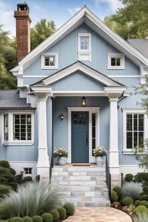 The 12 Best Blue Exterior House Paint Colors. If you are a fan of blue paint colors, you need to see these amazing blues for the exterior of your home #blue #paintcolors #exterior #curbappeal Light Blue Exterior House Colors Paint, Light Blue House With Shutters, Sherwin Exterior Paint Colors For House, Bracing Blue Sherwin Williams Exterior, Cottages Exterior Colors, Airy Blue Paint Color, Sherwin Williams Topsail Exterior, French Blue House Exterior, Beach House Outdoor Paint Colors