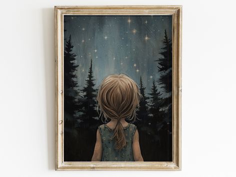 Stars & Moon Nursery Decor, Girls Room Wall Art, Moody Art for Kids, Forest Nursery Wall Decor, Stargazing Print, PRINTABLE Girl Wall Art - Etsy Forest Nursery Wall, Nursery Vintage, Starlit Sky, Moon Nursery, Moody Art, Peaceful Environment, Girl Wall Art, Girls Room Wall Art, Forest Nursery