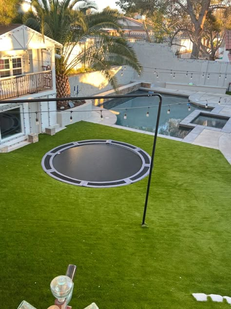 Pool Trampoline Backyard, Group House Ideas, Big Backyard With Pool Ideas, Built In Trampoline, Family Home Backyard, Slide In House, Trampoline Backyard, Massive Backyard, Big Backyard Ideas