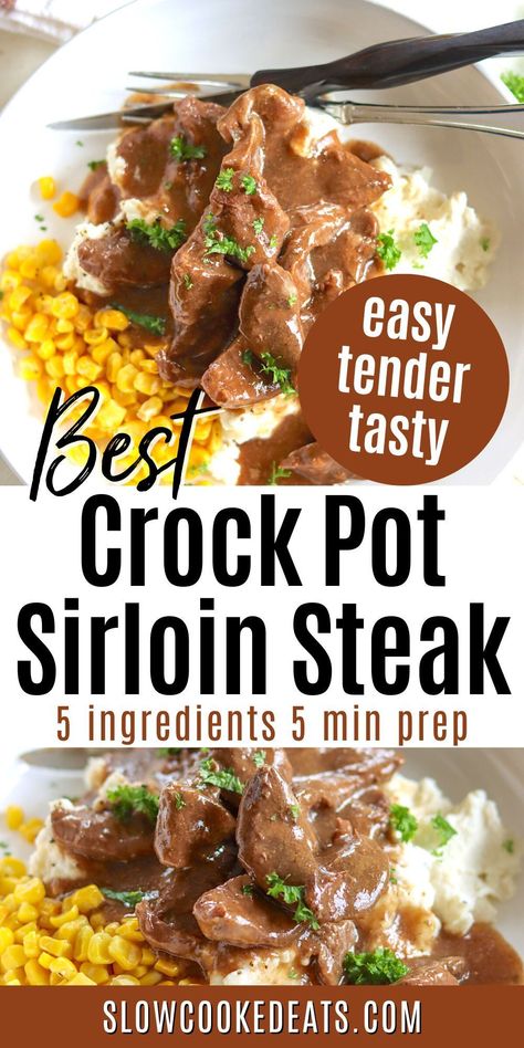 If you're looking for an easy, delicious beef recipe for dinner, you can't go wrong with Crock Pot Sirloin Steak with Gravy. This comfort food favorite is made with just five simple ingredients and is ready in no time. Plus, it cooks low and slow in a crock pot for a perfect, tender and juicy steak! The perfect busy weeknight dinner idea! Beef Tips And Gravy Slow Cooker, Beef Ribeye Steak Recipe Crockpot, Mississippi Steak Crockpot, Sirloin Steaks In Crockpot, Crockpot Petite Sirloin Steak, Sirloin Steak Recipes Crockpot Crock Pot, Steak In The Crockpot Recipes, Crock Pot Minute Steak Recipes, Crock Pot Sirloin Steak