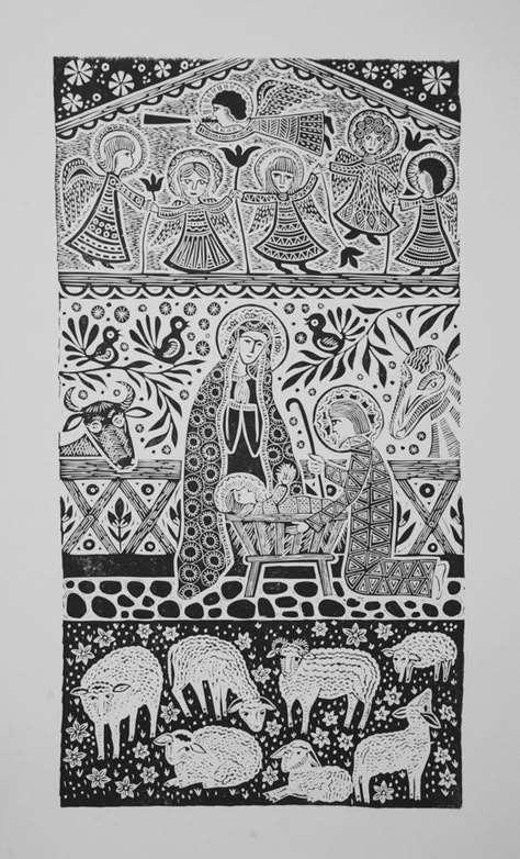 Lithuanian Christmas, Nativity Scenes, The Nativity, Sgraffito, Christmas Nativity, Medieval Art, Sacred Art, Lino Print, Nativity Scene