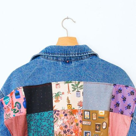 Kimberley Hind | sewing | on Instagram: "Sewing a patchwork panel to the back of a denim jacket 🩵 So fun to sew and another great way to use up scrap fabrics! I chose some of the spookier designs from @cloud9fabrics for this one and used 5” squares 🪡 question is, shall I add patches to the front of the jacket too? #sewingideas #scrapfabric #diysewing" Patchwork Trends, Festival Fits, Spooky Designs, Patch Work, Fabric Scraps, Choose Me, Diy Sewing, The Back, Denim Jacket