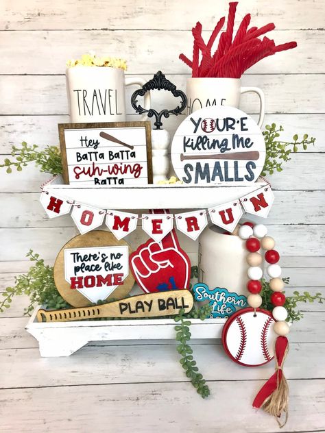 Baseball Mantle Decor, Baseball Tiered Tray Decor, Tiered Table, Farmhouse Garland, Tiered Tray Signs, Glowforge Ideas, Glowforge Projects, Tray Signs, Cricket Projects