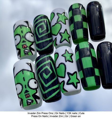 Invader Zim Press Ons | Gir Nails | Y2K nails | Cute Press On Nails | Invader Zim | Gir | Green and Black Nails | egirl nails | Y2K Nirvana Acrylic Nails, 8 By 8 Pixel Art, Invader Zim Acrylic Nails, Gir Outfit Invader Zim, Y2k Punk Nails, Nails Design Grunge, Scene Nails Simple, Super Simple Halloween Nails, Alt Gel Nails