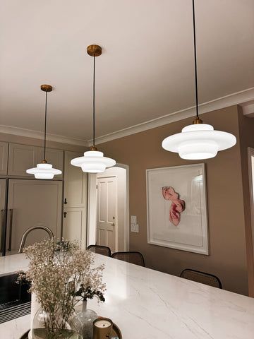 Miller Art Deco Milk Glass Pendant Light - Tudo And Co White Milk Glass Pendant Light, Kitchen Lighting Over Island, Lights Over Dining Table, Milk Glass Pendant, Milk Glass Pendant Light, Glass Pendant Lighting Kitchen, Art Deco Pendant Light, Ceiling Light Design, Art Deco Pendant