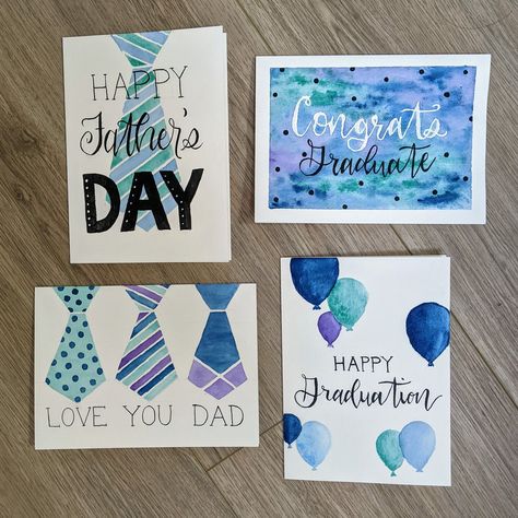 Easy Watercolor Card Ideas for Dads and Grads — Knit Paint Sew Fathers Day Card Design Ideas, Painting Ideas For Fathers Birthday, Father's Day Card Ideas Homemade, Dads Day Card Ideas, Ideas For Fathers Day Card, Cute Easy Card Ideas, Cute Fathers Day Cards Diy, Father's Day Cards Diy, Father's Day Cards Ideas