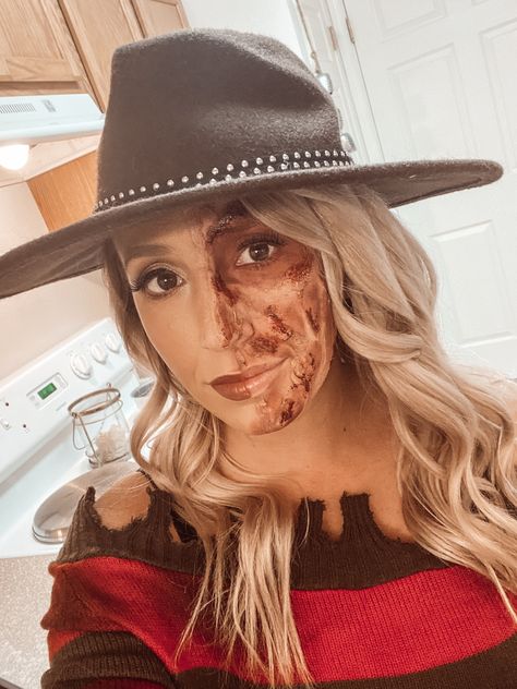 DIY Halloween makeup Women Freddy Krueger Makeup, Diy Freddy Krueger Makeup, Freddy Krueger Costume Women Makeup, Freddy Krueger Makeup Women, Freddy Krueger Costume Women, Freddy Krueger Makeup, Freddy Krueger Costume, Diy Halloween Makeup, Halloween Makeup Diy