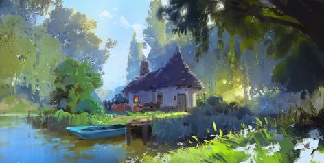 ArtStation - Lake Hut The Art Showcase, Art Showcase, Lake Art, Fantasy Art Landscapes, Environmental Art, Digital Painting, Art Inspo, Landscape Photography, Art Nouveau