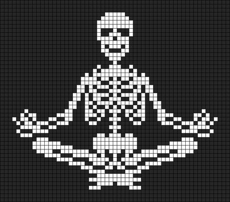 Alpha Patterns Skeleton, Skeleton Grid Pattern, Spooky Alpha Pattern, Skull Alpha Pattern, Skeleton Pixel Art, Crochet Witchy Stuff, Creepy Pixel Art, Easy Alpha Patterns, Skeleton Cross Stitch Pattern