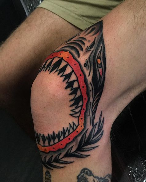 American Traditional Shark Tattoo, Traditional Tattoo Elbow, Traditional Tattoo Knee, Shark Jaws Tattoo, Small Shark Tattoo, Old Style Tattoos, Traditional Shark Tattoo, Inner Elbow Tattoos, Mouth Tattoo