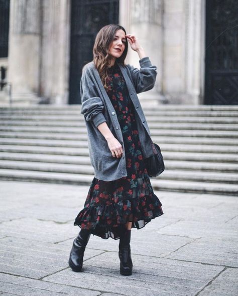 But first, unicorns 🦄 Floral Maxi Dress Winter, Black Knit Midi Dress Outfit Winter, Cardigan Maxi Dress Outfit, Maxi Cardigan Outfit Winter, Midi Cardigan Outfit, Cardigan With Midi Dress, Maxi Dress Winter Outfit Boots, Long Black Knit Dress Outfit Winter, Black Floral Outfit