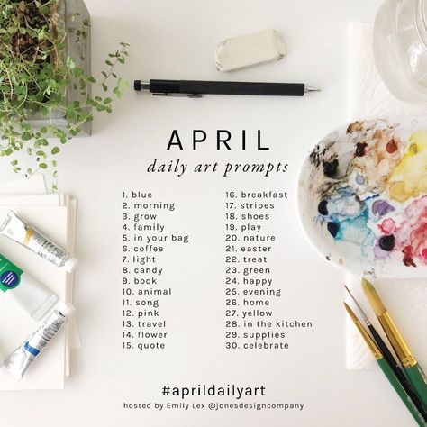 Paint with me! (April Daily Art Prompts) | https://jonesdesigncompany.com/things-i-like/april-daily-art-prompts/ Jones Design Company, 30 Day Art Challenge, Watercolour Challenge, 30 Day Drawing Challenge, April Art, Paint With Me, Art Journal Prompts, Drawing Ideas List, Art Therapy Projects