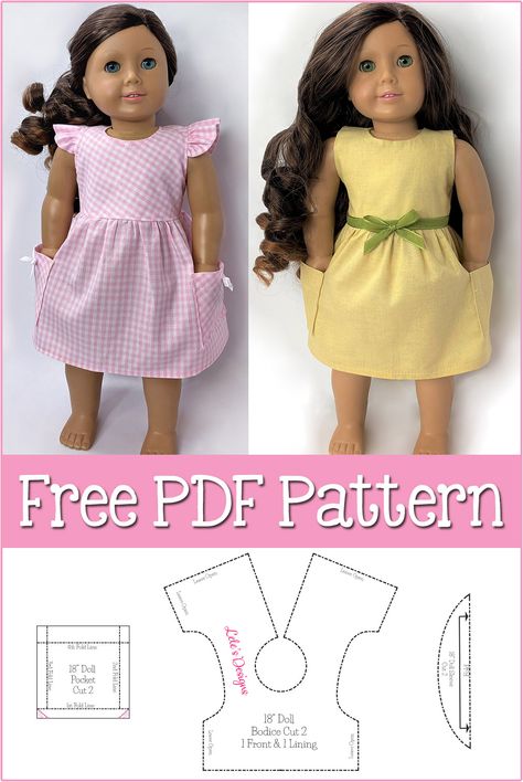 In this tutorial I will show you how to make a American Girl or 18" Doll Ruffle Dress. You have the option of adding the sleeves and/or pockets. This will give you many options of different dresses for your doll. free pdf sewing pattern included. sewing lessons 5” Doll Clothes Patterns, 14inch Doll Clothes Pattern Free, Doll Dresses Patterns Free, American Doll Dress Pattern Free, How To Sew A Dress For A Doll, Doll Dresses Pattern, Dresses For Dolls Diy, Diy American Doll Clothes, Free Doll Dress Patterns To Sew