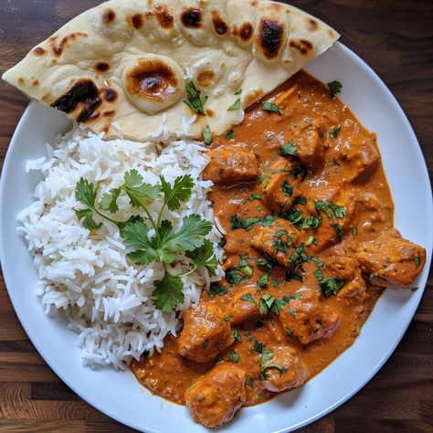 Chicken Tikka masala with Long grain rice and naan Naan Bread And Chicken, Chicken Tikka Masala Aesthetic, Chicken Tikki Masala, Lamb Tikka Masala Recipe, Chicken Tika Masala, Nice Dinner Ideas, Healthy Chicken Dinner Ideas, Food Main Course, Spicy Food Recipes