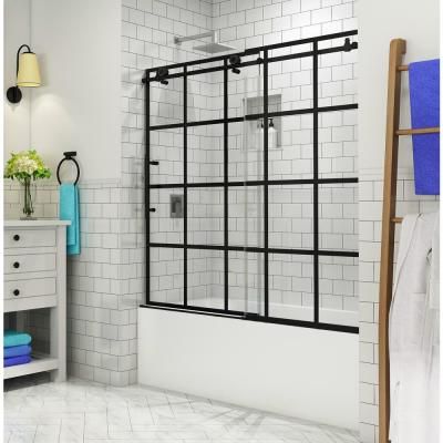 Kamaya 56 - 60 in. x 60 in. Completely Frameless Sliding Tub Door in Matte Black, Left Opening Bathtub Alcove, Common Bathroom, Shower Alcove, Industrial Accents, Bathrooms Decor, Black Shower Doors, Frameless Hinged Shower Door, Frameless Sliding Shower Doors, Bathtub Doors