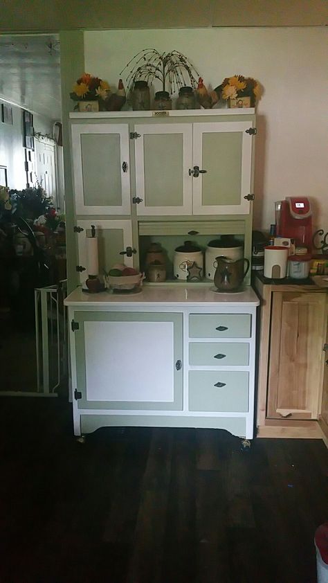 Diy Hoosier Cabinet Makeover, Green Hoosier Cabinet, Refurbished Hoosier Cabinet, Painted Hoosier Cabinet Ideas, Hoosier Cabinet Decorating Ideas, Hoosier Cabinet Makeover, Hoosier Cabinet Ideas, Natural Wood Cabinet, Bakers Cabinet