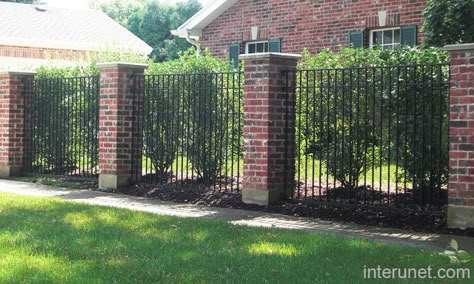 Brick And Metal Fence, Iron Gates Driveway, Brick Pillars, Brick Columns, Glass Fence, Fence Designs, Fencing Ideas, Front Fence, Brick Fence