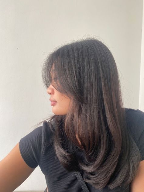 Layered Haircut With Curtain Bangs Asian, Haircuts For Medium Black Hair, Haircut Curtain Bangs Long Hair, Curtain Bangs Asian Round Face, Simple Mid Length Haircut, Layered Long Hair Round Face, Short Straight Thick Haircut, Curtain Bangs Straight Hair Asian, Curtain Side Bangs Medium Hair