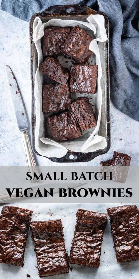 Small batch vegan brownies - this easy vegan brownie recipe makes just four brownies (or eight mini brownie bites) and is baked in a loaf tin. The brownies are perfectly dense, fudgy, chocolatey, chewy and delicious. This is the perfect recipe to satisfy any brownie cravings if there are just two of you in need! #veganbrownies #veganbaking #eggless #dairyfree Simple Vegan Baking, Quick Vegan Cookies, Vegan Brownie Bites, Easy Vegan Brownies, Vegan Brownie Recipe, Vegan Dessert Recipes Easy, Vegan Brownies Easy, Mini Brownie Bites, Vegan Brownies Recipe