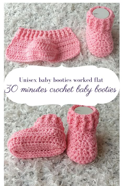 Crochet baby booties worked in rows! Easy peasy crochet baby booties, 10 minutes crochet baby booties Crochet Baby Booties Free Pattern, Crocheted Baby Booties, Baby Bootees, Crochet Baby Socks, Crochet Baby Stuff, Baby Booties Free Pattern, Crochet Baby Items, Crochet Baby Booties Pattern, Crochet Baby Boots