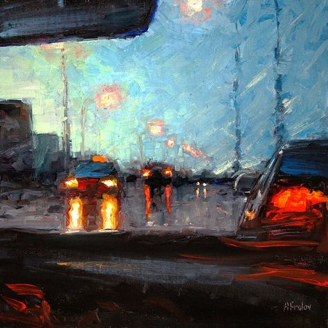 Streetlights At Night Painting, Rainy Street Painting, Rainy London Painting, Oil Painting Night City, Paris Street Rainy Day Painting, Artsy Aesthetic, Art Attack, Aesthetic Painting, Handmade Oil