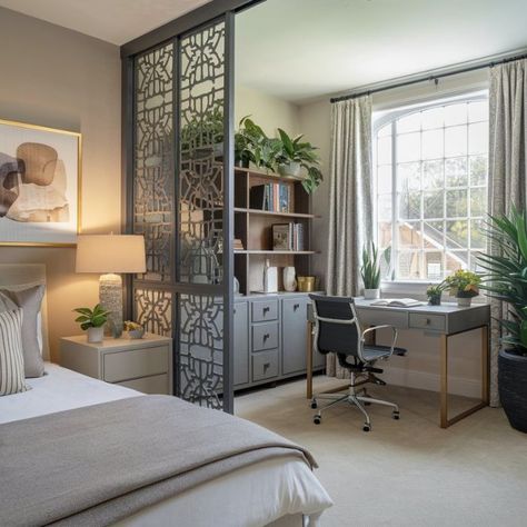 Long Bedroom Office Combo Layout, Office And Bedroom Ideas, Office Off Master Suite, Master Bedrooms With Office Space, Spare Bedroom Study Ideas, Study And Guest Room Ideas, Office Bedroom Combo Master, Craft Room And Guest Room Combo, Home Office In Bedroom Layout Master Suite