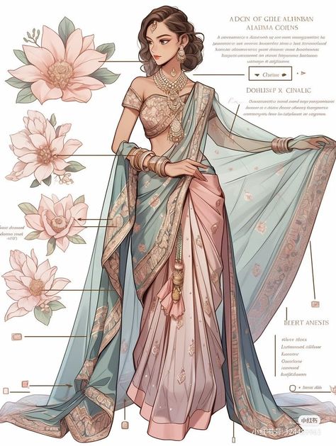 India Clothes Traditional, Fantasy Traditional Clothing, Indian Anime Woman, Fantasy Dress Design Princess, India Outfits Traditional, Disney Princess Inspired Wedding Dresses, Fantasy Indian Clothing, Indian Dress Illustration, Fantasy Clothing Design Sketches