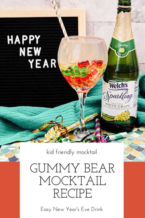 Gummy bear mocktails recipe. This is an easy New Year's Eve mocktail recipe with just two ingredients. This gummy bear mocktail kids or adults drink is tastes like a gummy bear! Kids love having kid friendly mocktails New Year's Eve and the whole family can enjoy them. Make a New Year's Eve kids mocktail part of your NYE family tradition. Mocktails New Year's Eve for kids are delicious and fun to drink. New Year's Eve mocktails non alcoholic for cute drinks without alcohol. Drinks Without Alcohol, Kid Friendly Mocktails, Mocktails Recipe, Nye Drinks, Mocktails Non Alcoholic, Cute Drinks, New Years Eve Drinks, Sparkling Grape Juice, New Years Eve Traditions