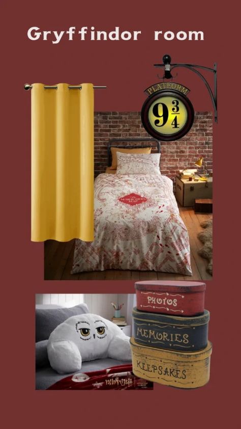 Gryffindor Harry Potter Room Decor Griffindor Room Bedrooms, Slytherin Room Ideas, Gryffindor Bedroom, Gryffindor Decor, Gryffindor Room, Minimalist Harry Potter, Hufflepuff And Slytherin, Harry Potter Themed Bedroom, Slytherin Room