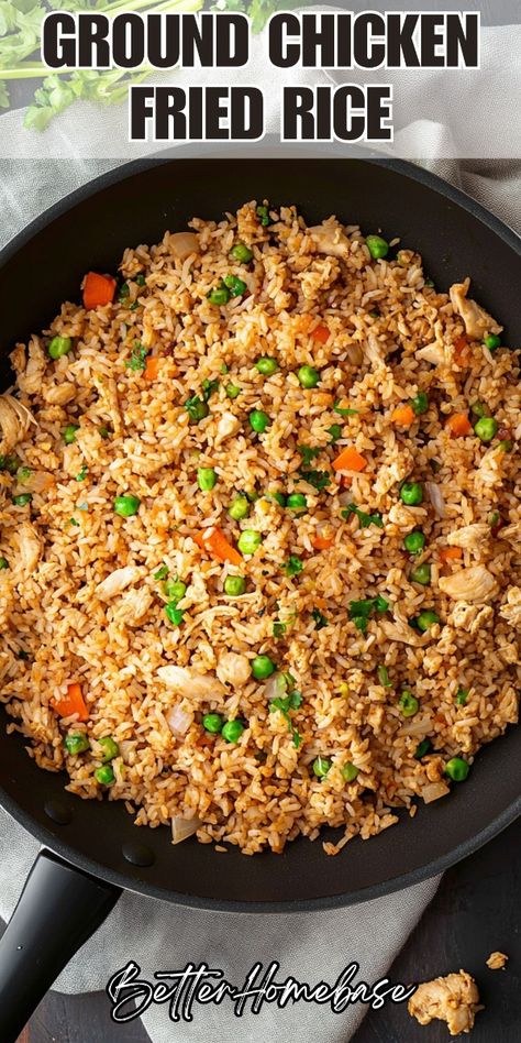 This Ground Chicken Fried Rice recipe is a quick, easy, and delicious weeknight meal that comes together in just 20 minutes.  It's a healthier, more budget-friendly alternative to takeout, packed with lean protein from ground chicken and plenty of vegetables. Dairy Free Ground Chicken Recipes, Ground Chicken Fried Rice, Ground Chicken Stir Fry, Chicken Fried Cauliflower Rice, Stir Fry Chicken, Asian Inspired Salad, Gf Meals, Seasoned Rice Recipes, Chicken Fried Rice Recipe