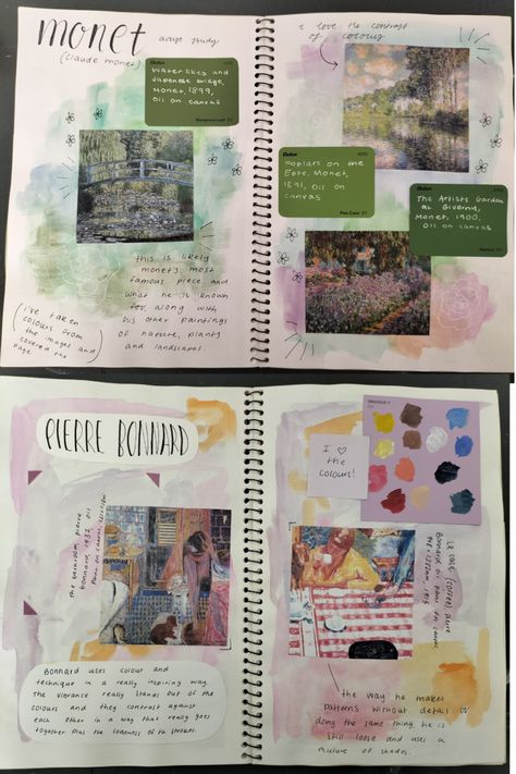 Watercolour Gcse Sketchbook, Colour Art Page Gcse, Monet Artist Research Page, Monet Artist Research Page Gcse, Watercolour Sketchbook Pages, Artist Studies Gcse, Claude Monet Research Page, Artist Research Page Gcse Colourful, Claude Monet Gcse Sketchbook