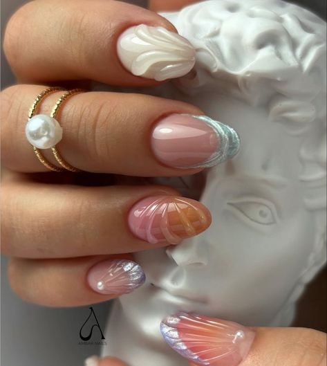 Hawaii Nails, Wave Nails, 3d Nail Designs, 3d Nail Art Designs, Korean Nail, Korean Nail Art, Fantasy Nails, 2024 Nails, Beige Nails