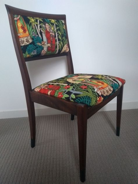 Upcycled mahogany chair Upcycling Dining Chairs, Recovered Chairs, Upcycled Chairs, Refurbishing Furniture, Recovering Chairs, Upcycle Chair, Upcycle Furniture, Funky Chairs, Bedroom Furniture Makeover