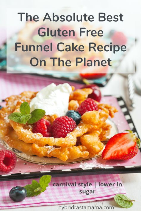 Are you wondering how to make the best funnel cake on this planet? The topping combinations are endless and delectable! Head over to my easy gluten free funnel cake recipe and start frying up some deliciousness! #funnelcake #funnelcakerecipe #fairfood #glutenfreefunnelcake From HybridRastaMama.com Gluten Free Funnel Cake Recipe, Gluten Free Funnel Cake, Gf Deserts, Funnel Cake Recipe Easy, Fair Week, Gerd Recipes, Funnel Cake Recipe, Gf Food, Funnel Cakes