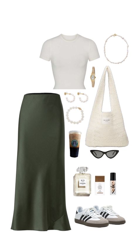 Spring outfit inspiration, adidas samba, satin skirt, skims dupe, sunglasses, fashion, makeup, pearls jewells A Line Long Skirt, Satin Skirt Outfit, Samba Outfit, Casual Outfit Inspiration, Casual Day Outfits, Sunglasses Fashion, Casual Chic Outfit, Satin Skirt, Maxi Skirts