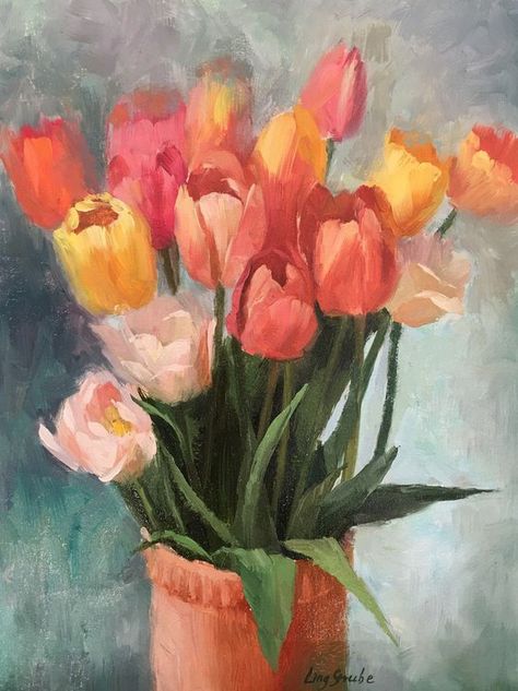 Tulip Drawing, Tulip Painting, Tulips Art, Tulips In Vase, Art Animation, Oil Pastel Art, Cute Paintings, Art Animals, Animals Art