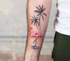 Palm Trees Tattoo, Tattoo Flamingo, Tree Tattoo Ankle, Palm Tree Tattoo Ankle, Trees Tattoo, Watercolor Palm Tree, Tree Tattoo Arm, Flamingo Tattoo, 16 Tattoo