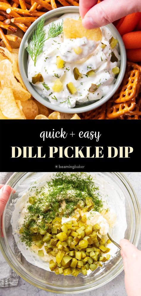 Tangy, thick ‘n creamy, packed with dill pickle flavor—this Dill Pickle Dip is so easy to make and comes together in minutes! Perfect as a dip for appetizers and on sandwiches. | Recipe at BeamingBaker.com Dill Pickle Dip Recipe, Pickle Dip Recipe, Dill Pickle Dip, Pickle Dip, Dill Pickle Chips, Chili Cheese Dips, Creamy Dip, Quick And Easy Appetizers, Dip Recipes Easy